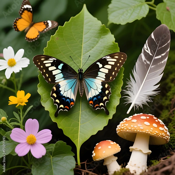 Fototapeta A vibrant and harmonious close-up composition of natural elements. Dominating the center is a beautiful butterfly with striking blue and black wings resting on a fresh green leaf