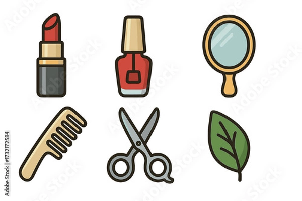 Fototapeta Beauty and grooming icons set with lipstick, nail polish, mirror, comb, scissors, and leaf. Vector cartoon illustration for cosmetics, salon, spa, and natural skincare concepts.