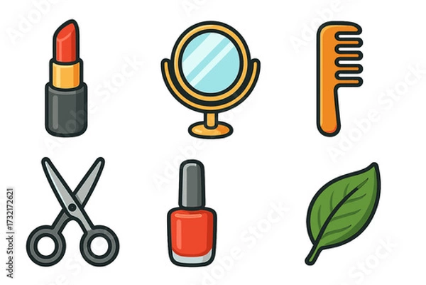 Fototapeta Beauty and grooming icon set. Natural cosmetics and self-care concept. Vector cartoon illustration with lipstick, nail polish, mirror, comb, scissors and leaf for spa or salon.
