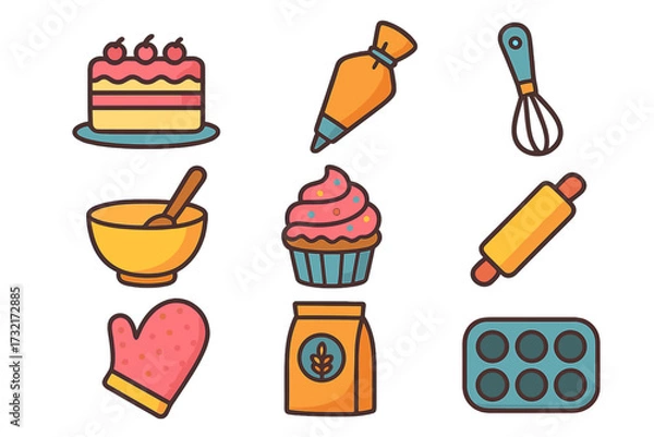Fototapeta Baking icons set with cake and cupcake. Colorful cartoon vector illustration of kitchen tools for cooking pastry. Flat design elements like rolling pin, whisk, flour and oven mitt.