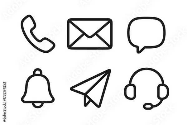 Fototapeta Communication line icon set. Minimalist vector icons for contact us page. Call, mail, chat, notification, paper plane, headset symbols for web design and user interface.