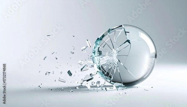 Fototapeta A delicate glass ball breaking apart, fragments spreading across a clean backdrop