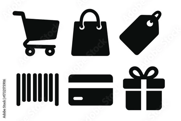 Fototapeta Shopping silhouette icons set with cart, bag, price tag, barcode, credit card, and gift box vector illustration for retail, ecommerce, sales, and marketing concepts