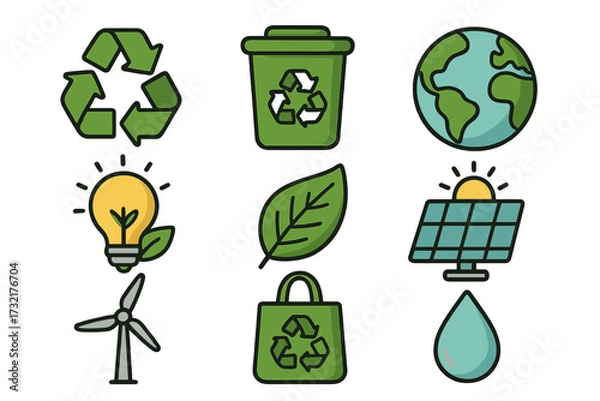 Obraz Sustainability icons set featuring recycling symbols, renewable energy, green earth, eco leaf, wind turbine, solar panel, eco-friendly bag, and water drop. Vector cartoon illustration.