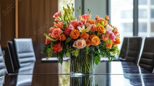 Fototapeta Vibrant floral centerpiece on a modern conference table in a professional office setting.