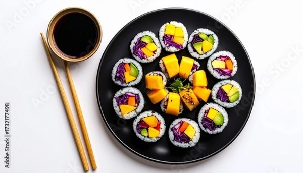 Fototapeta Colorful Vegan Sushi Rolls with Soy Sauce and Chopsticks