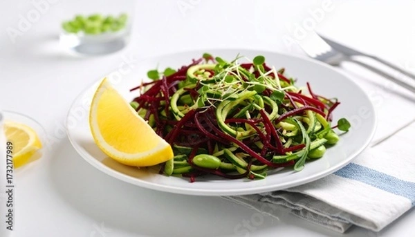 Fototapeta Fresh Zucchini and Beetroot Noodle Salad with Lemon Wedge