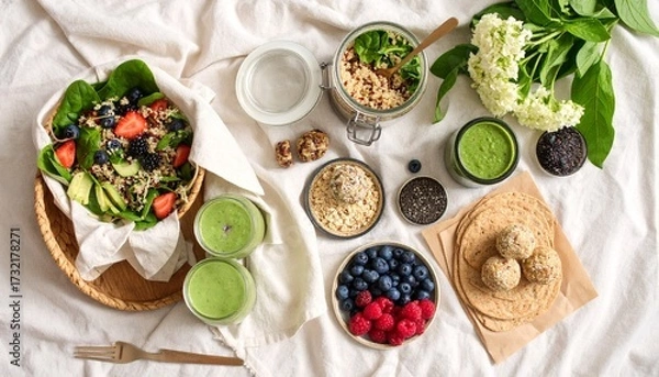 Fototapeta Healthy Vegan Meal Prep with Quinoa Salad and Smoothies
