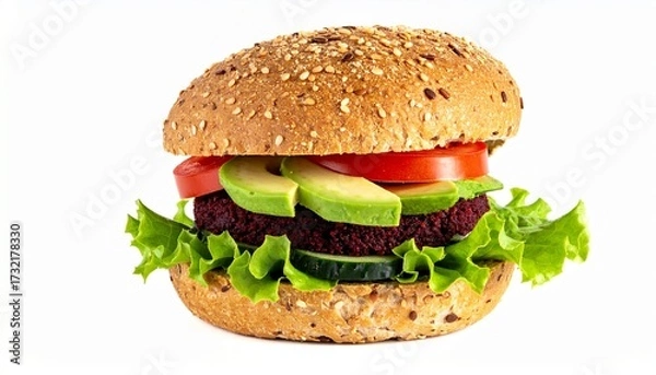 Fototapeta Healthy Vegan Burger with Avocado, Tomato, Lettuce and Seeded Bun