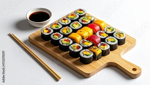 Fototapeta Colorful Sushi Platter with Soy Sauce and Chopsticks