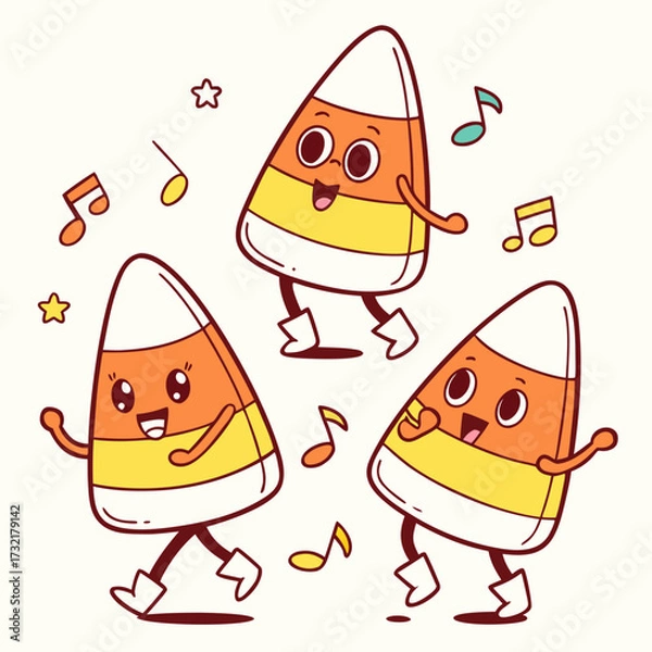 Fototapeta Three happy candy corns dancing with music notes