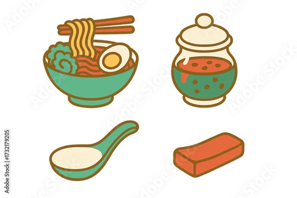 Fototapeta Japanese Ramen Noodle Soup Bowl with Chopsticks, Soft Boiled Egg, and Asian Food Condiments