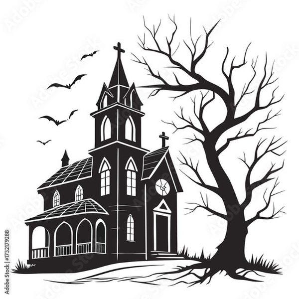 Fototapeta Spooky church with bats and a bare tree
