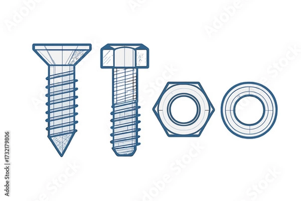 Fototapeta Common fastening hardware components including screws, bolts, nuts, and washers for engineering and DIY projects
