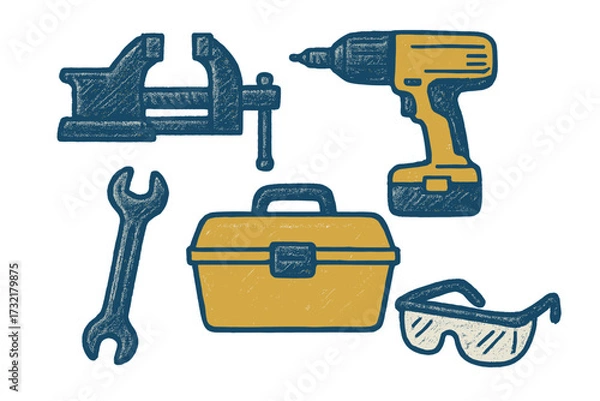 Fototapeta Assortment of essential workshop tools including drill, wrench, vise, toolbox, and safety glasses