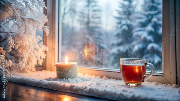 Fototapeta Frosted window with ice crystals and blurred snowy forest outside, warm candle and mug of tea in foreground, cozy interior atmosphere, soft natural light, copy space, photorealistic, high resolution.