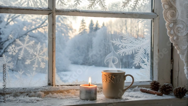 Fototapeta Frosted window with ice crystals and blurred snowy forest outside, warm candle and mug of tea in foreground, cozy interior atmosphere, soft natural light, copy space, photorealistic, high resolution.