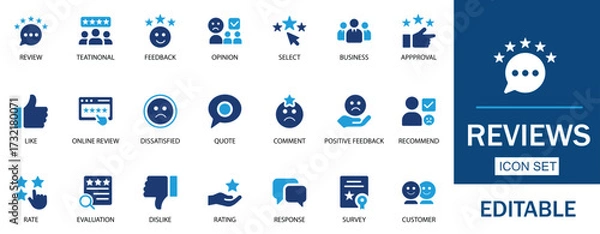 Obraz Review icon set. Featuring feedback, rating, testimonial, satisfaction, comment, opinion, like, customer, recommend and more. Solid vector illustration icons. Perfect for business, apps, and reports.