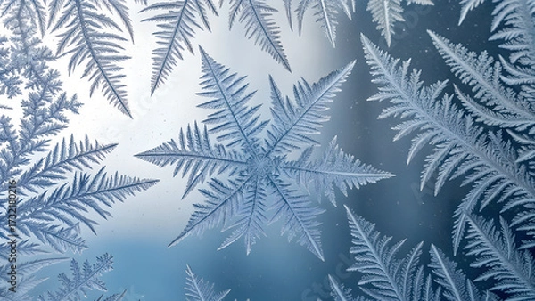 Fototapeta Frost patterns on glass, macro photography style, high resolution, abstract natural design, minimal background, perfect for textures and graphic design projects. Detailed close-up.