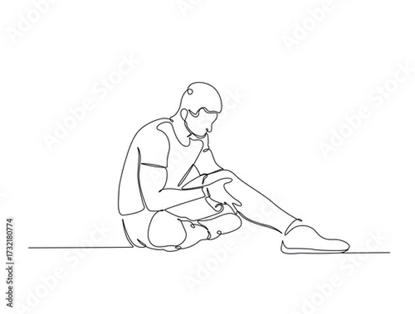 Fototapeta Continuous line art drawing of young man with knee pain. Man struggle with leg injury or trauma in single line art drawing vector illustration. Editable stroke.
