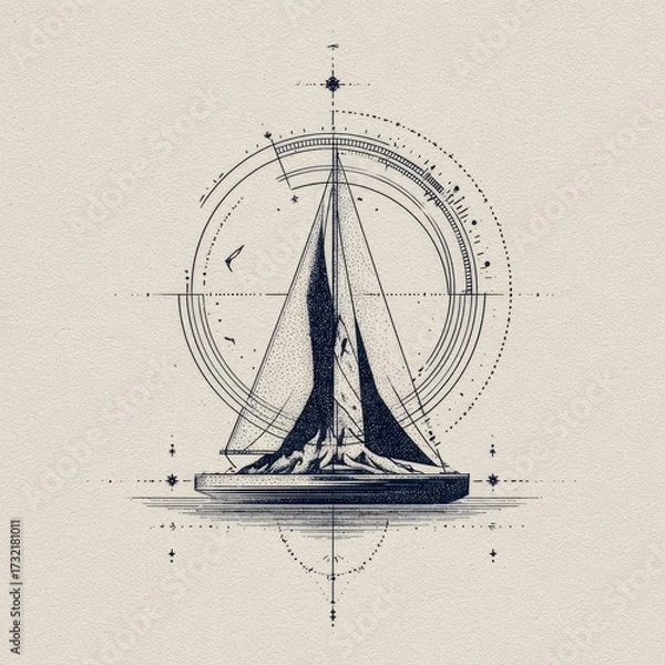 Fototapeta Sailboat Sketch Navigating Abstract Ocean. Use Nautical themes, graphic design