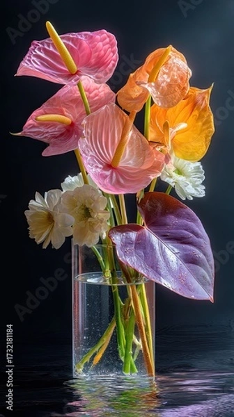 Fototapeta Anthurium flowers in a vase; black background; possible floral arrangement use
