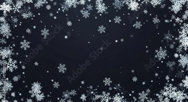 Obraz Magical Falling Snowflakes Frame on Dark Background Winter Holiday Season Celebration