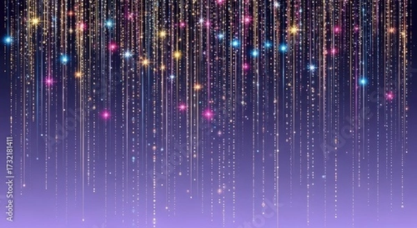 Fototapeta Sparkling Glitter Rain of Many Colors Falling Down on a Gradient Purple Background