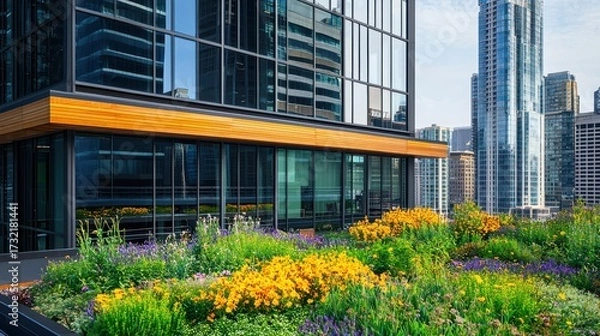 Fototapeta Modern building with a vibrant rooftop garden in an urban setting.