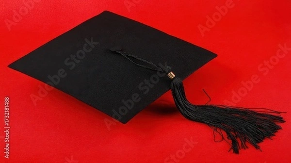 Fototapeta scholar. A graduation cap with a tassel, isolated on a solid red background. event programs, museum guides, designed for cultural heritage projects and event programs, preserves heritage.