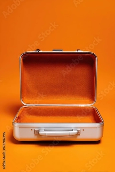 Fototapeta Open Suitcase on Orange Backdrop Space for Opportunity, Empty, Simple Concept
