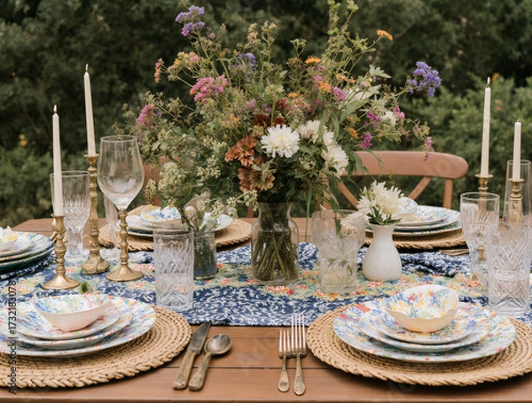 Fototapeta Bohemian outdoor dining table with colorful ceramic plates, woven rattan placemats, patterned textiles, and eclectic wildflower centerpiece