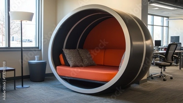 Obraz Modern circular privacy pod in a contemporary office setting.