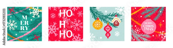 Fototapeta Merry Christmas and Happy New Year greeting card, poster, modern set. Colorful vector illustration in flat geometric style. Banner, holiday covers template