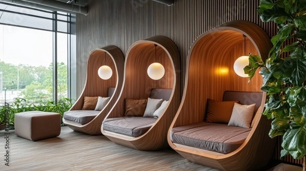 Obraz Modern wooden privacy pods in a contemporary lounge area.