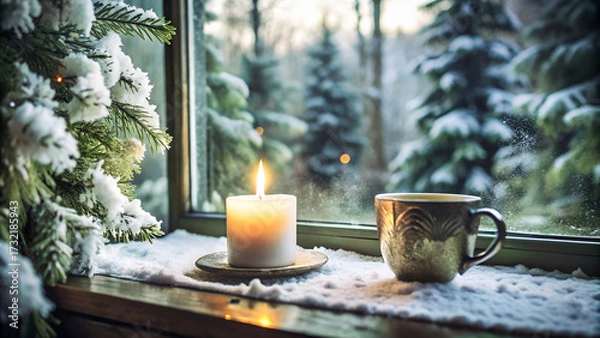Fototapeta Frosted window with ice crystals and blurred snowy forest outside, warm candle and mug of tea in foreground, cozy interior atmosphere, soft natural light, copy space, photorealistic, high resolution.