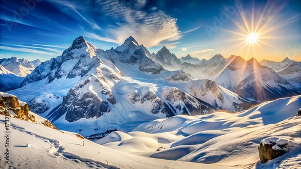 Fototapeta Majestic winter mountain landscape with snow-covered peaks, clear blue sky, dramatic light and shadows, wide panoramic view with copy space, ultra realistic, perfect for travel and adventure ads.