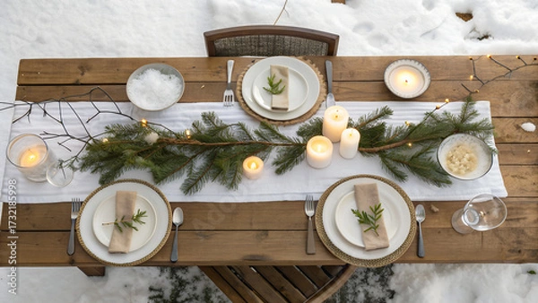 Fototapeta Rustic wooden table set for winter dinner, white plates, evergreen branches, candles, linen napkins, cozy natural atmosphere, overhead view, copy space, photorealistic, perfect for holiday promotions.