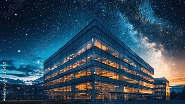 Fototapeta Modern office building illuminated at night under a starry sky.