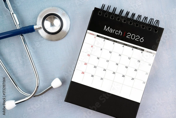 Fototapeta March 2026 calendar and stethoscope, Medical appointment schedule to check up concept.