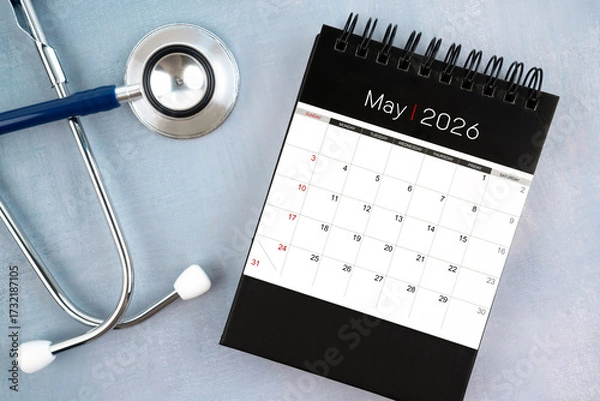 Fototapeta May 2026 calendar and stethoscope, Medical appointment schedule to check up concept.