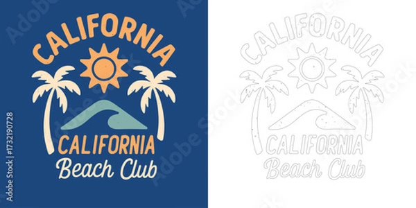 Fototapeta California beach club vector illustration T shirt design with palm tree sun retro typography summer style isolated on white background