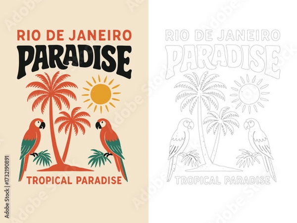 Fototapeta Rio de janeiro paradise vector illustration T shirt design with parrot palm trees tropical typography style isolated on white background