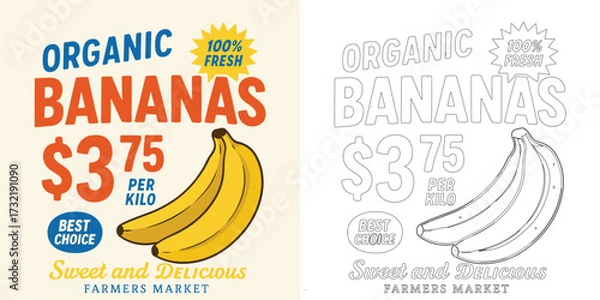 Fototapeta Organic bananas vector illustration T shirt design with fruit retro typography grocery tropical style isolated on white background