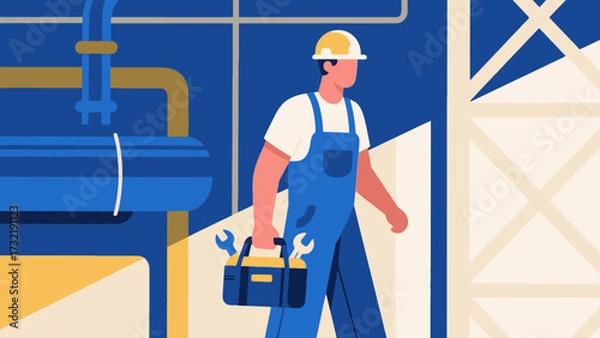 Obraz The repairman is carrying a tool bag, cartoon hand-drawn vector illustrations