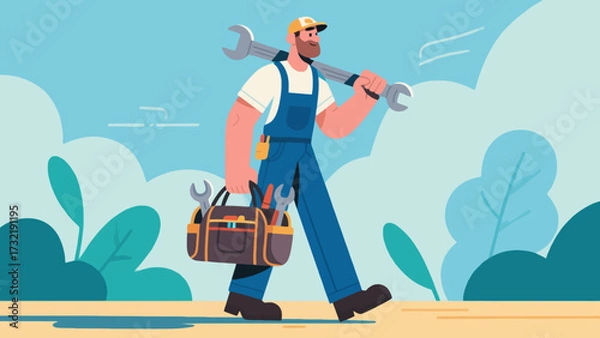 Obraz The repairman is carrying a tool bag, cartoon hand-drawn vector illustrations