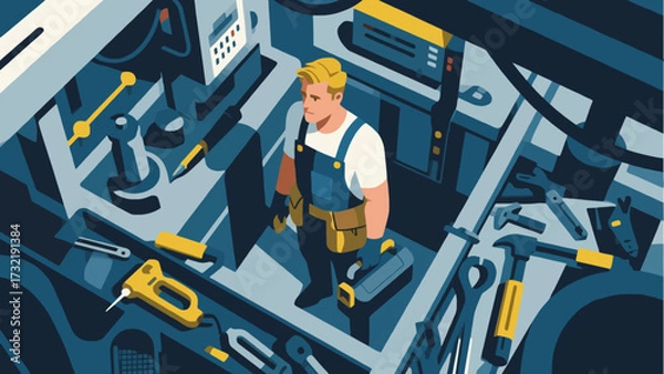 Obraz The repairman is carrying a tool bag, cartoon hand-drawn vector illustrations