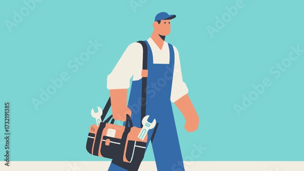 Obraz The repairman is carrying a tool bag, cartoon hand-drawn vector illustrations