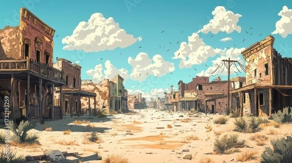 Fototapeta Deserted Old West ghost town street with abandoned buildings under a clear blue sky and white clouds.