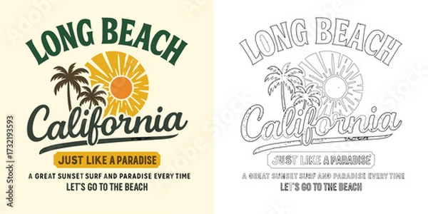 Fototapeta Long beach California vector T shirt design with palm tree ocean sunset surf retro tropical style illustration